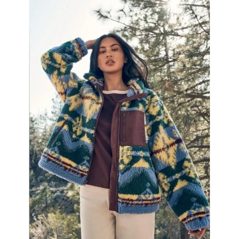 Wrangler Womens Sherpa Jacket Southwestern Print Full Zip Fleece Purple Yellow